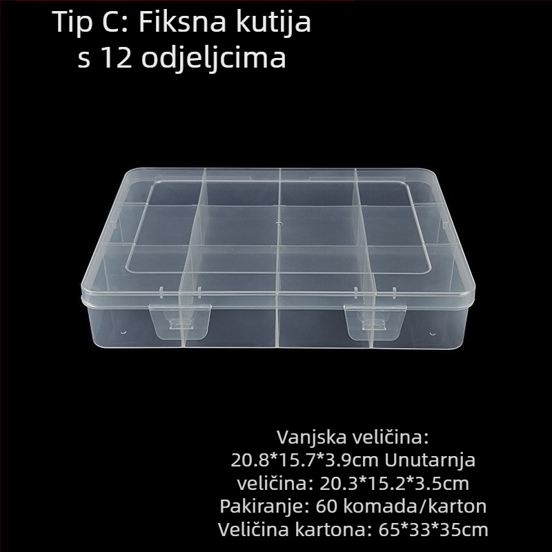 PP plastična kutija za pohranu s fiksnim pregradama i poklopom, konfiguracije 3, 5 ili 12 odjeljaka, pogodna za perle, vijke, ribarske udice, baterije i elektroničke komponente