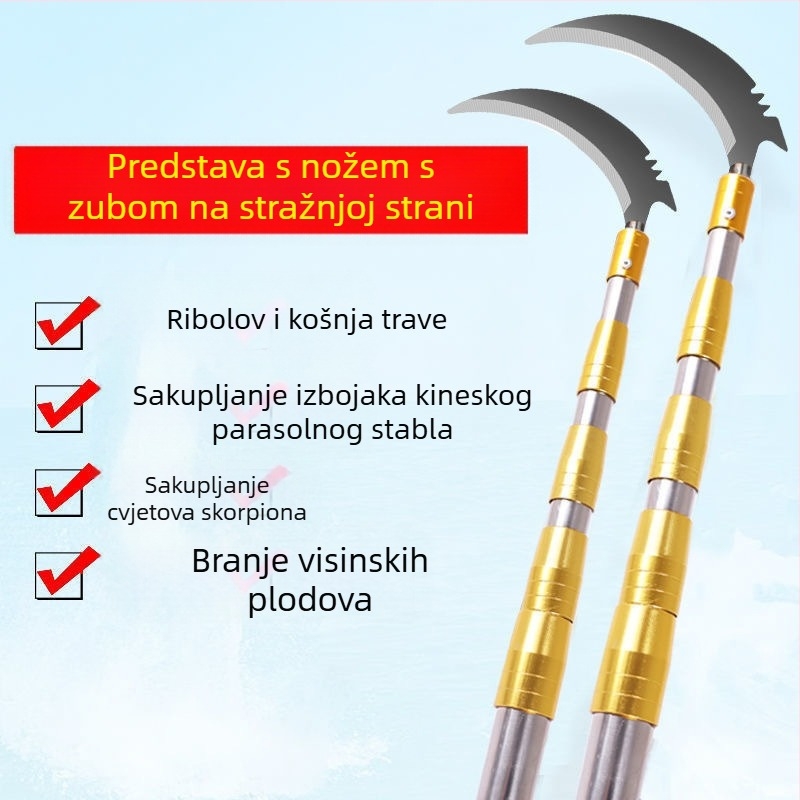 Teleskopijski alat za skupljanje voća s nožicama za grane i kukom, nehrđajući čelik, 5–6 dijelova, podesiva duljina