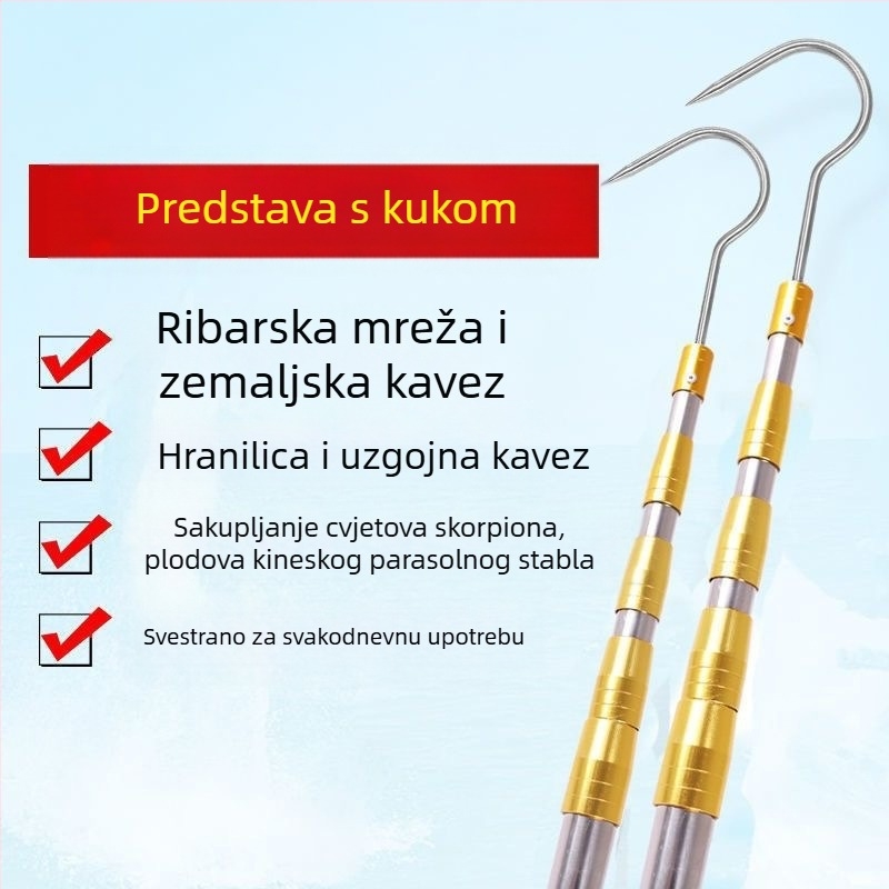 Teleskopijski alat za skupljanje voća s nožicama za grane i kukom, nehrđajući čelik, 5–6 dijelova, podesiva duljina