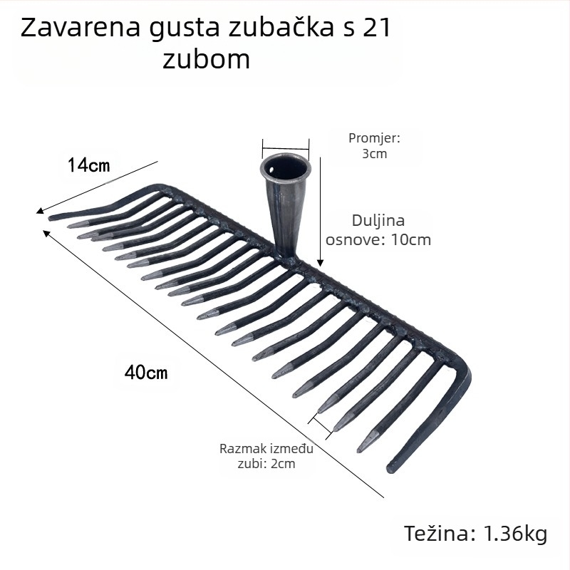 Željezna vrtna grablja s gusto postavljenim zubima za otpuštanje tla – zavaren poljoprivredni alat