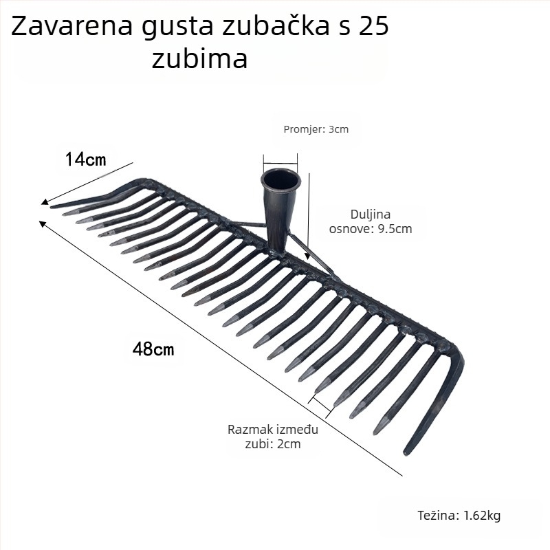 Željezna vrtna grablja s gusto postavljenim zubima za otpuštanje tla – zavaren poljoprivredni alat