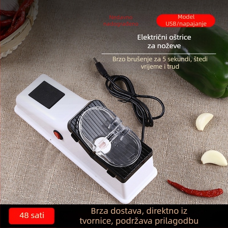 Kompaktni električni oštrač noževa – disk od dijamanta i smole, dvostruka upotreba za nože i škare, model 2022, uključen logo, moderan dizajn