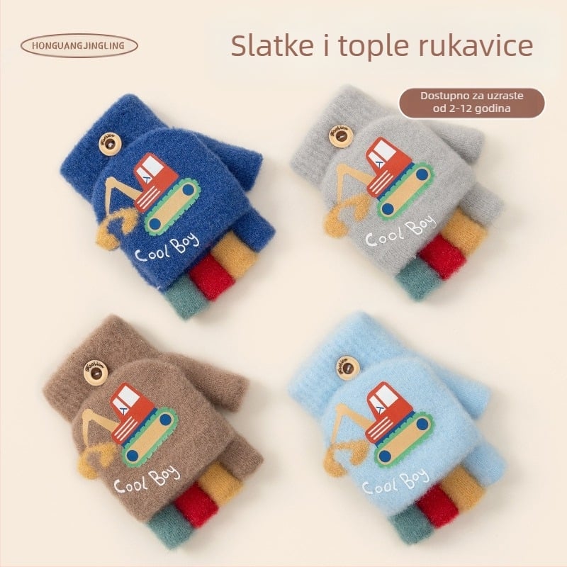 Dječje zimske rukavice s karikatom kopajućeg dječaka, s pola prsta i preklopnim vrhom, pletene