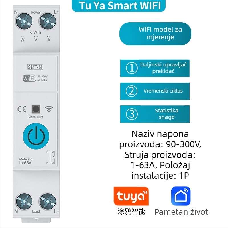 TYZHSOUL Tuya Smart Life WiFi prekidač – DIN šina montaža, 76–270V, 63A, daljinsko upravljanje i mjerenje energije
