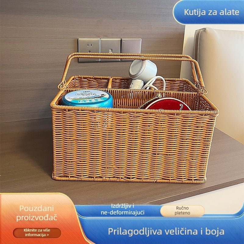 Pletena košara za pohranu od umjetnog ratana, ručna izrada; model: koš za pohranu za igračke; stil: pastoralni; pogodna za uredske potrepštine, lijekove, magnetske kartice i kablove za slušalice.