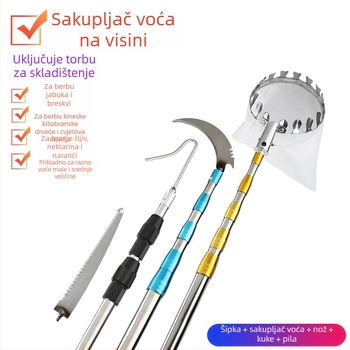 Teleskopska palica za branje voća s kukom; od nehrđajućeg čelika i galvaniziranog pribora za branje; 3–6 sekcija; težine 0,6 kg / 1,7 kg / 2,5 kg