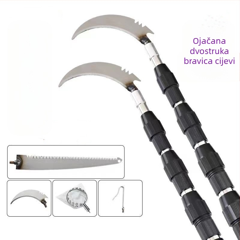 Teleskopska palica za branje voća s kukom; od nehrđajućeg čelika i galvaniziranog pribora za branje; 3–6 sekcija; težine 0,6 kg / 1,7 kg / 2,5 kg