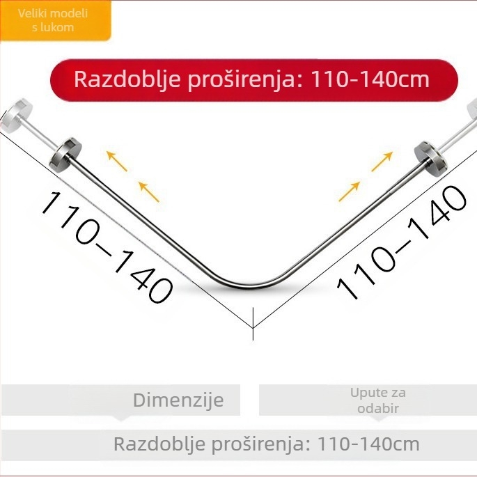 Nerđajući čelik, zakrivljena U-oblik tuš šipka, teleskopska, za kupaonicu, bez bušenja