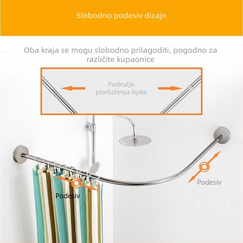 Nerđajući čelik, zakrivljena U-oblik tuš šipka, teleskopska, za kupaonicu, bez bušenja