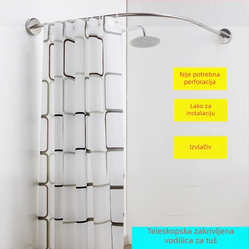 Nerđajući čelik, zakrivljena U-oblik tuš šipka, teleskopska, za kupaonicu, bez bušenja