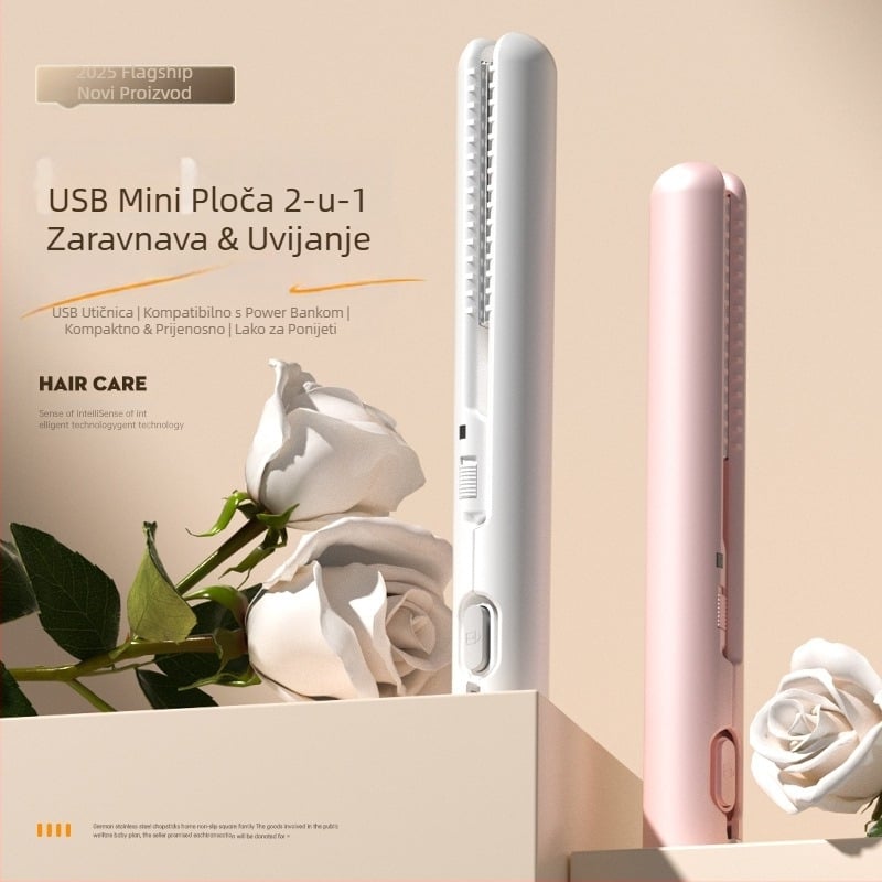 Mini USB glačalo za kosu i uvijač – dvostruka upotreba za ravnanje i uvijanje bez oštećenja kose; turmalinski keramički grijаč; kompatibilan s vanjskim power bankom; 13W/5V; podesiva temperatura