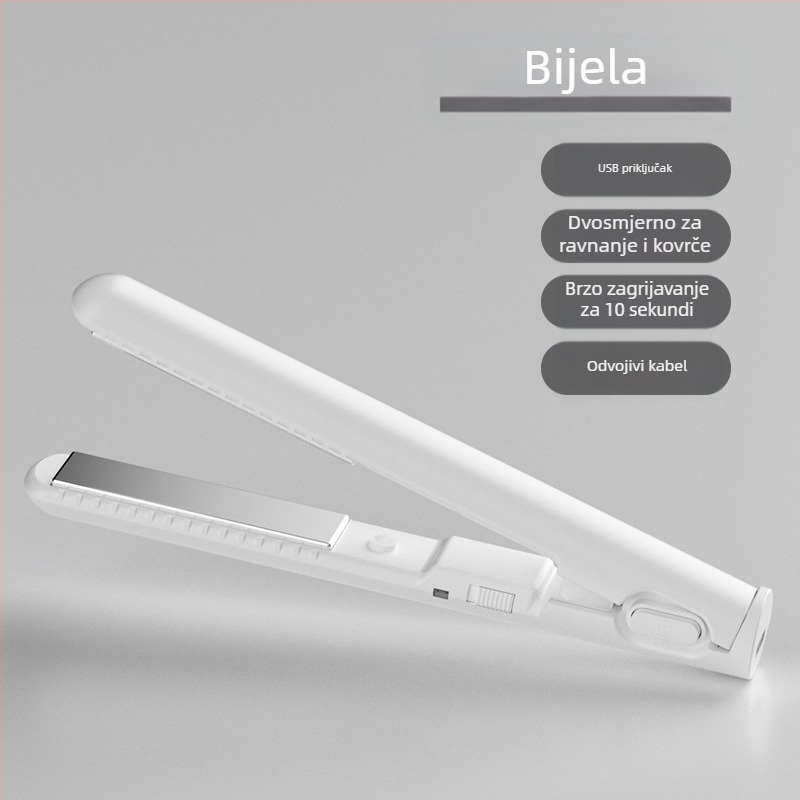 Mini USB glačalo za kosu i uvijač – dvostruka upotreba za ravnanje i uvijanje bez oštećenja kose; turmalinski keramički grijаč; kompatibilan s vanjskim power bankom; 13W/5V; podesiva temperatura