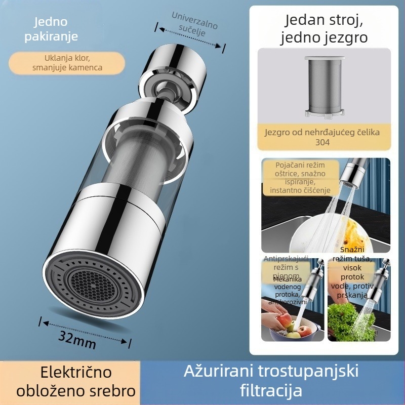 Filter za kuhinjsku slavinu – cilindrična glava protiv prskanja, nehrđajući čelik, brušeni završetak, okretna ugradnja, jednostruki dizajn