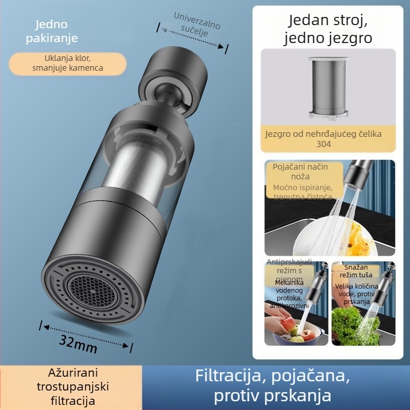 Filter za kuhinjsku slavinu – cilindrična glava protiv prskanja, nehrđajući čelik, brušeni završetak, okretna ugradnja, jednostruki dizajn