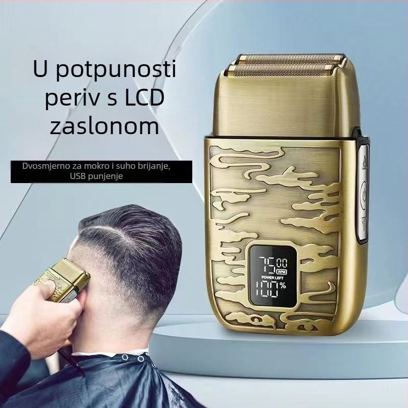Električni brijač s ugrađenom litijskom baterijom, vodootporan, glava od nehrđajućeg čelika, čišćenje cijelog tijela pranjem