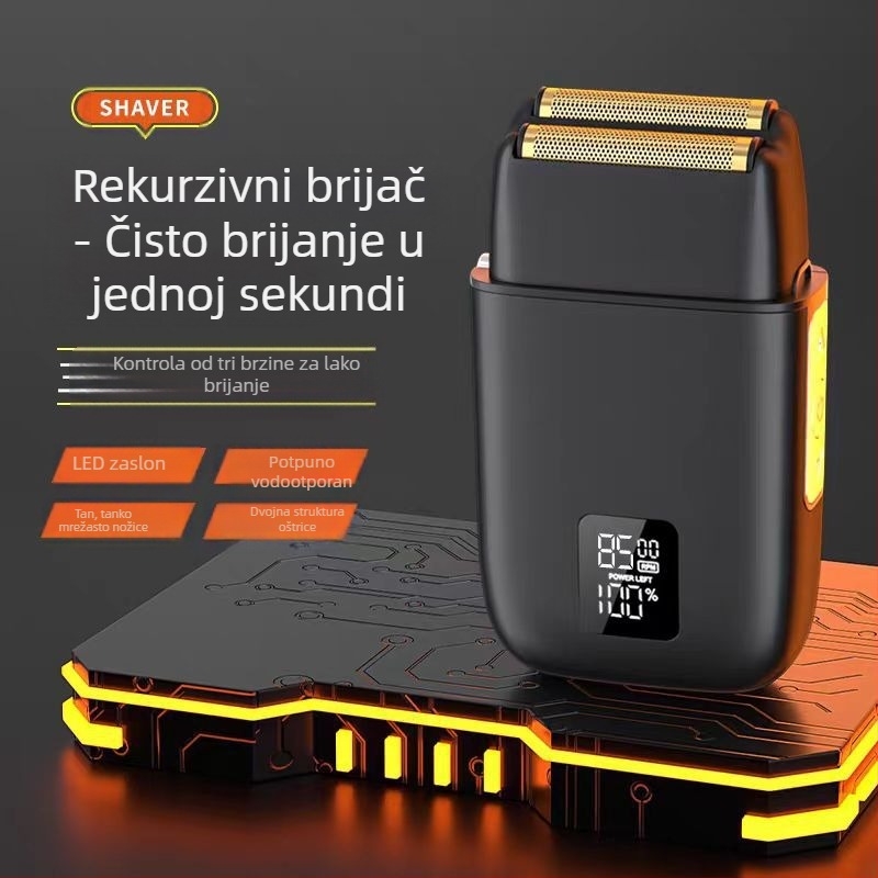 Električni brijač s ugrađenom litijskom baterijom, vodootporan, glava od nehrđajućeg čelika, čišćenje cijelog tijela pranjem