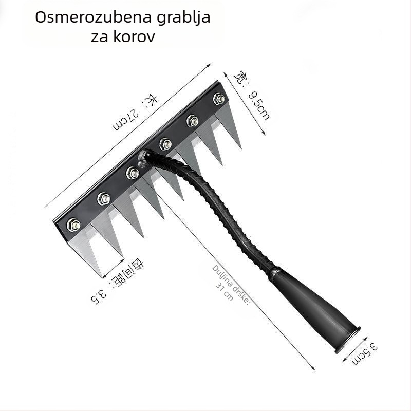 Višenamjenski alat za uklanjanje korova s odvojivom grabljom, ojačanim kukom i prevrtačem tla, za kućnu upotrebu