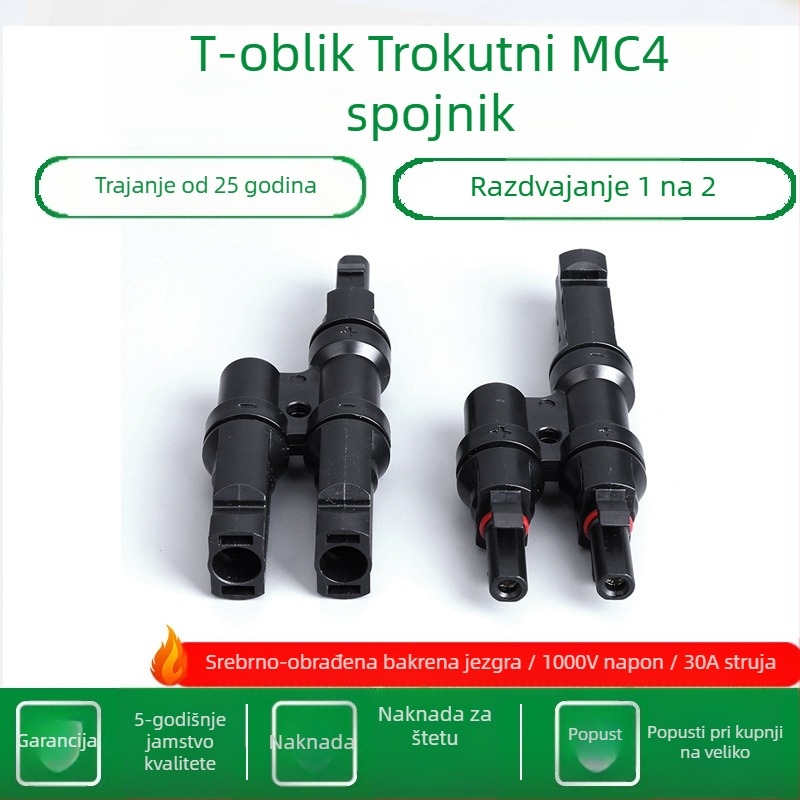 Tip T MC4 fotovoltni konektor 3-putni za DC PV sustav, veza s jednim ulazom na dva paralelna izlaza, 30A, PPO plamen otporan materijal