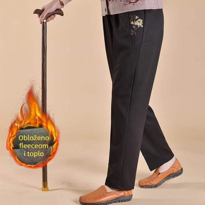 Hlače za žene srednje dobi s flis podstavom, opušteni kroj, zimski komad, poliester