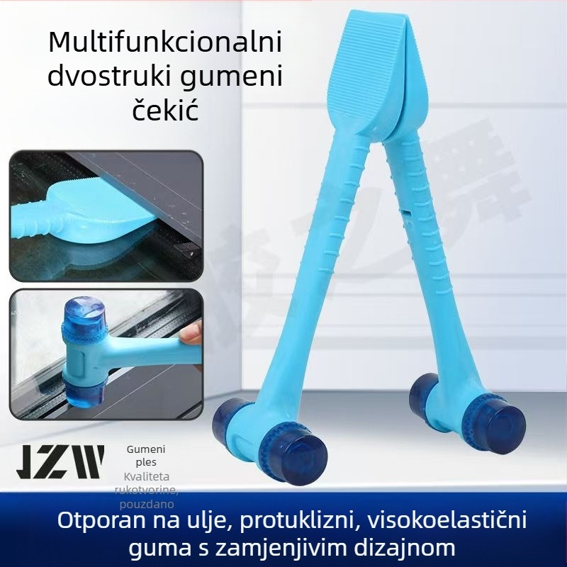 Čekić s čeličnim jezgrom i kožnim držalom – dvostruki montažni alat za pločice i okvire vrata/prozora; plastična lopatica i gumeni brtvni trak