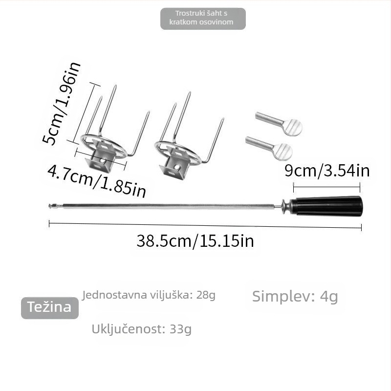 Rotirajuća vilica za roštilj, nehrđajući čelik, V-oblik, polirana površina, prijenosna i odvojiva, težina 0,23 kg