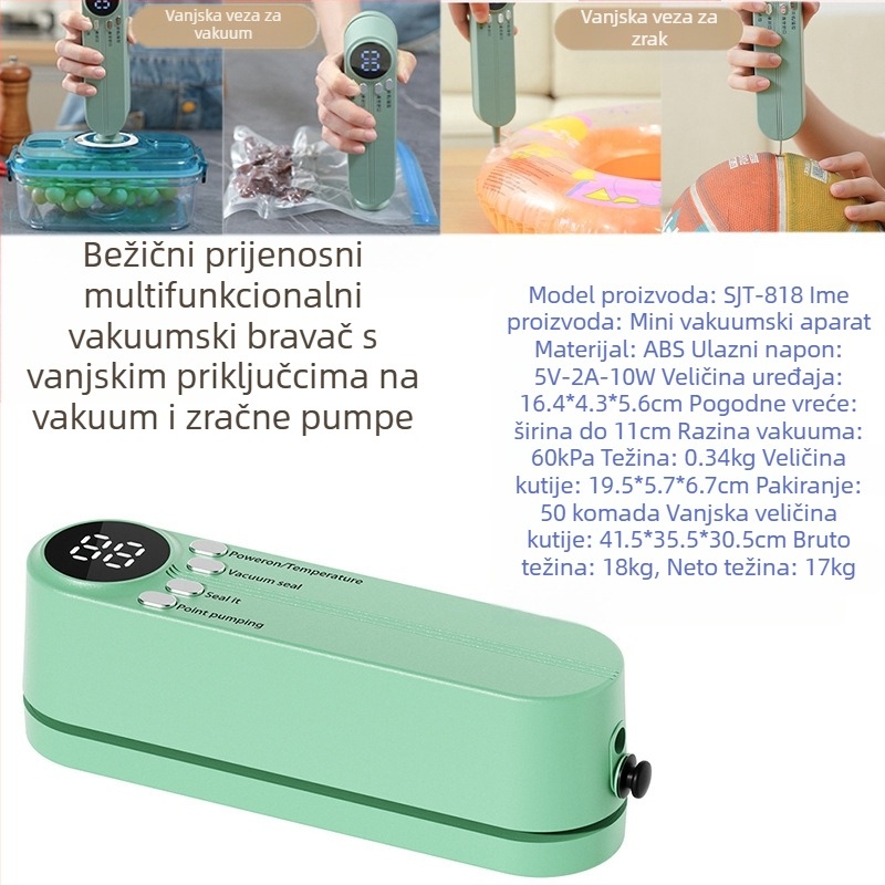 Mini bežični vakuumski zatvarač za kuhinju, ponovno punjiv, ABS kućište, kapacitet 500–1000 ml, model 818, kuhinjski pribor