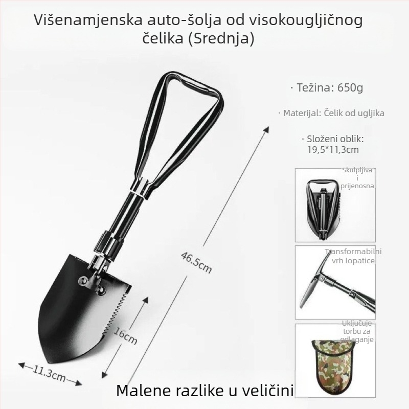 Sklopiva vojna lopata od mangan čelika, za vanjsku upotrebu, ribolov i obranu, montirana na automobil