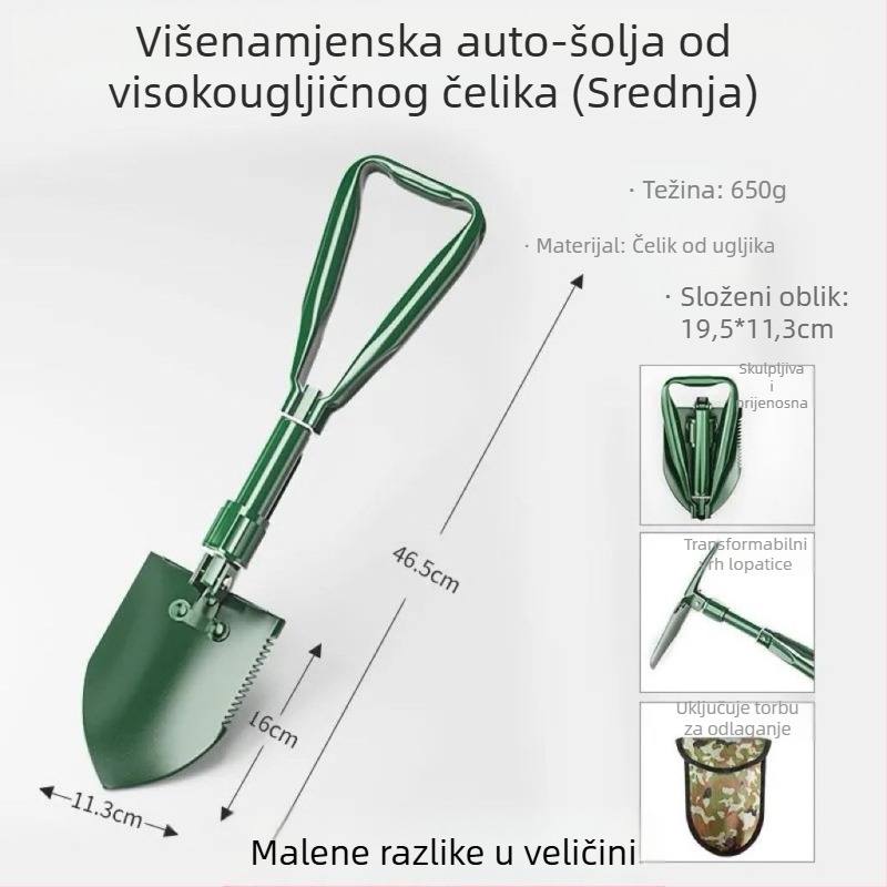 Sklopiva vojna lopata od mangan čelika, za vanjsku upotrebu, ribolov i obranu, montirana na automobil