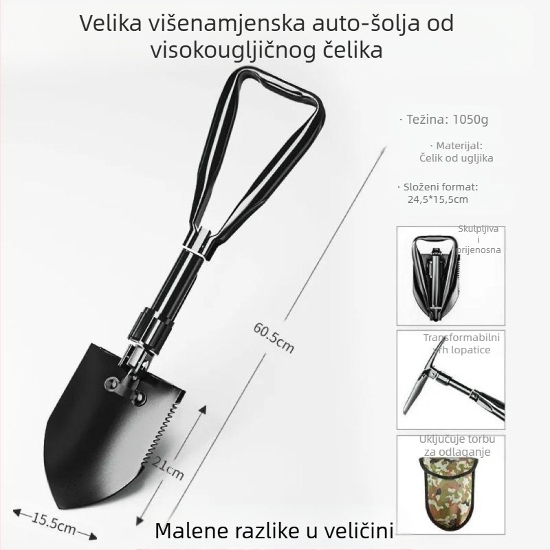 Sklopiva vojna lopata od mangan čelika, za vanjsku upotrebu, ribolov i obranu, montirana na automobil