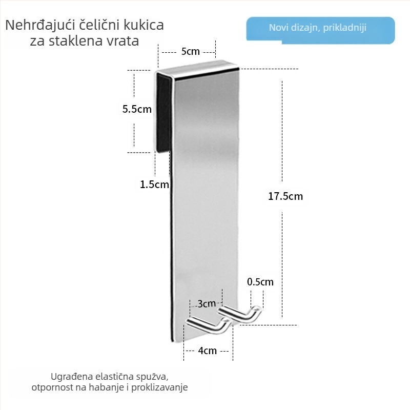 Vješalica za kupaonu od nehrđajućeg čelika 304 za staklena vrata, stražnji način montaže bez bušenja, odvojiva metalna vješalica s jednim kukom, nosivost 5 kg, moderni minimalistički dizajn