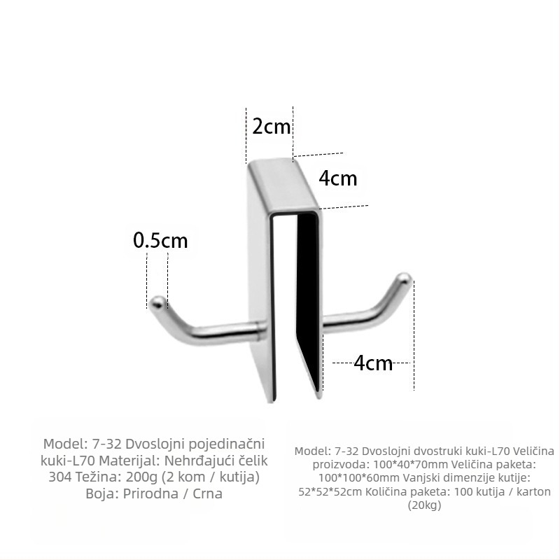 Vješalica za kupaonu od nehrđajućeg čelika 304 za staklena vrata, stražnji način montaže bez bušenja, odvojiva metalna vješalica s jednim kukom, nosivost 5 kg, moderni minimalistički dizajn