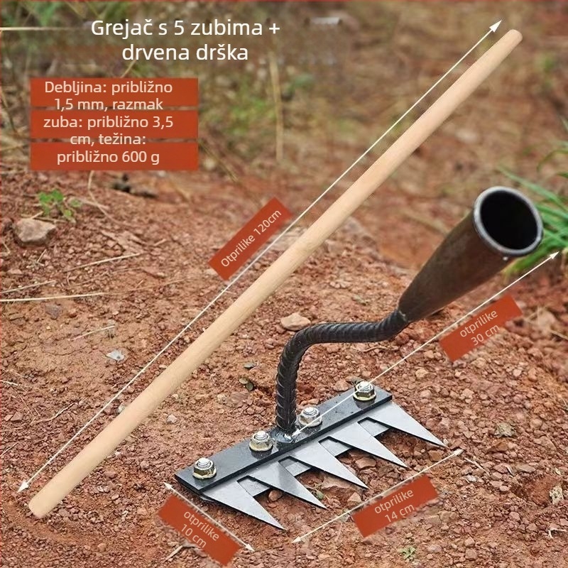 Grablja za korov s oštricom, izmjenjiva glava, višezubna za otpuštanje tla u voćnjacima (duljina zuba 100 mm)