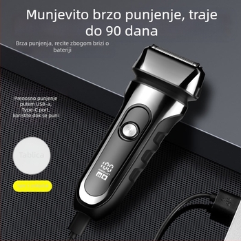 Električni brijač s recipročnom 3-oštricom glavom, plutajućom glavom, ugrađena baterija 500–800 mAh, trajanje do 90 minuta, USB punjenje