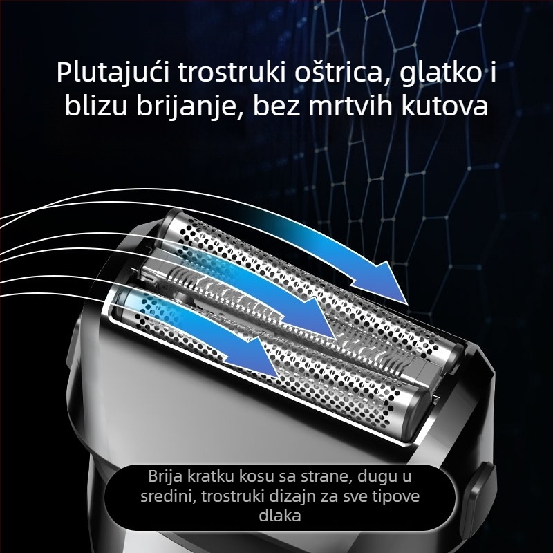 Električni brijač s recipročnom 3-oštricom glavom, plutajućom glavom, ugrađena baterija 500–800 mAh, trajanje do 90 minuta, USB punjenje