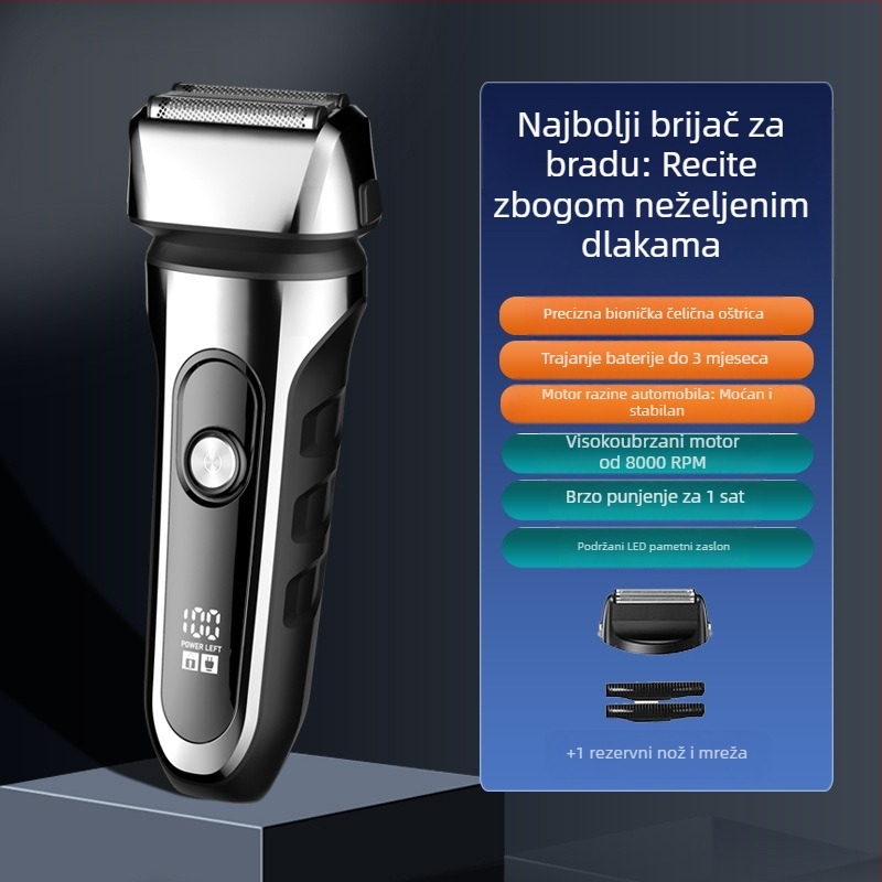 Električni brijač s recipročnom 3-oštricom glavom, plutajućom glavom, ugrađena baterija 500–800 mAh, trajanje do 90 minuta, USB punjenje