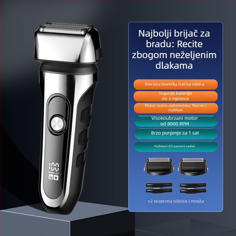 Električni brijač s recipročnom 3-oštricom glavom, plutajućom glavom, ugrađena baterija 500–800 mAh, trajanje do 90 minuta, USB punjenje