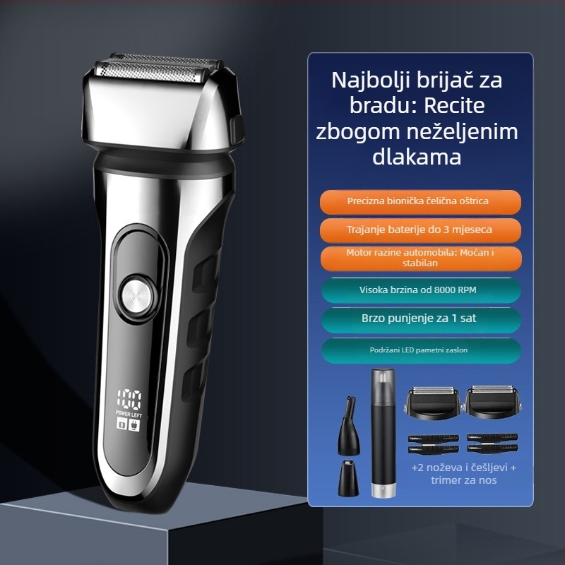 Električni brijač s recipročnom 3-oštricom glavom, plutajućom glavom, ugrađena baterija 500–800 mAh, trajanje do 90 minuta, USB punjenje