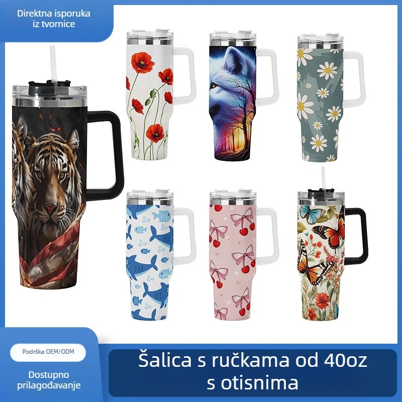 Izolirana autocestovna šalica s drškom i slamkom — unutarnji od 304 nehrđajući čelik, vanjska od 201 nehrđajući čelik, vakuumska izolacija 0–6 h, moguć tisak logotipa