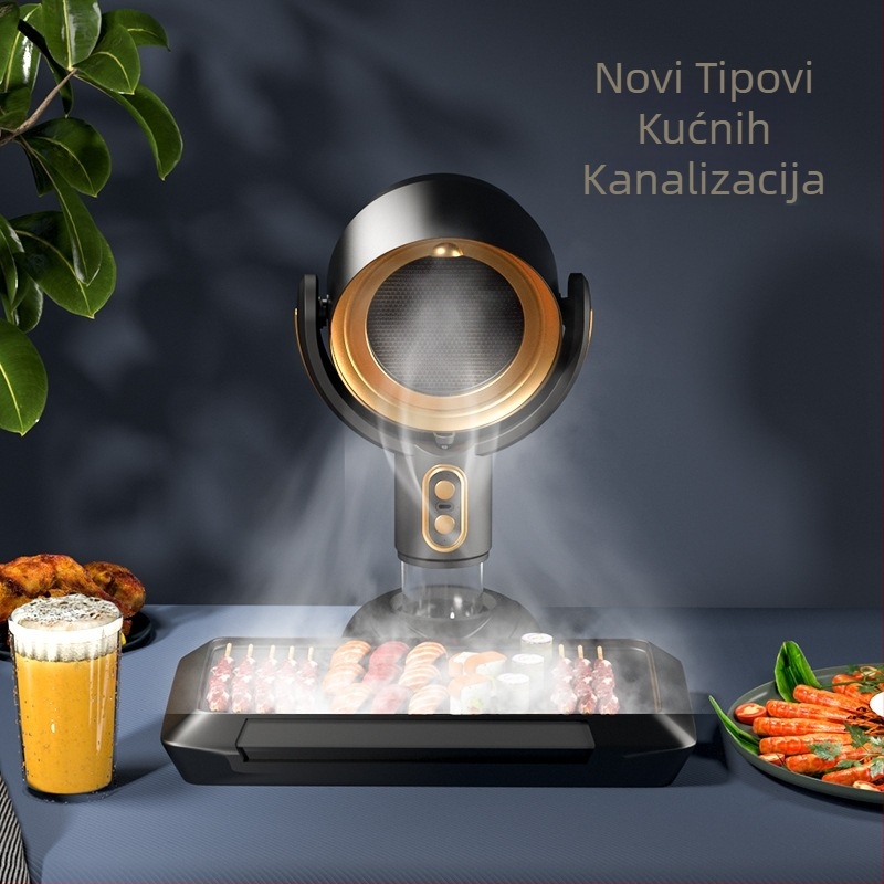 Kompaktni stolni prijenosni kuhinjski napa za kućnu upotrebu, niska buka ≤40 dB, protok ispuha 4,8 m³/min, snaga <150 W, dimenzije 21×15×35 cm.