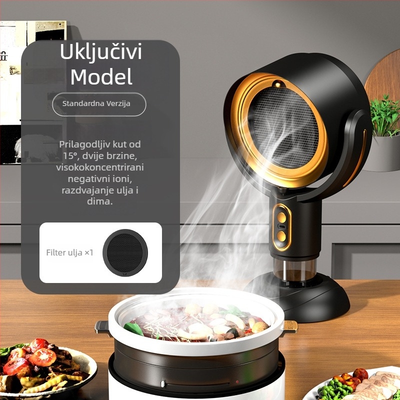 Kompaktni stolni prijenosni kuhinjski napa za kućnu upotrebu, niska buka ≤40 dB, protok ispuha 4,8 m³/min, snaga <150 W, dimenzije 21×15×35 cm.