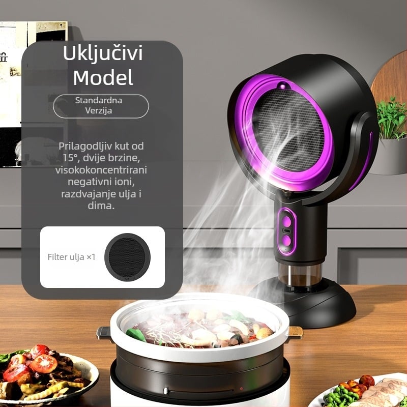 Kompaktni stolni prijenosni kuhinjski napa za kućnu upotrebu, niska buka ≤40 dB, protok ispuha 4,8 m³/min, snaga <150 W, dimenzije 21×15×35 cm.