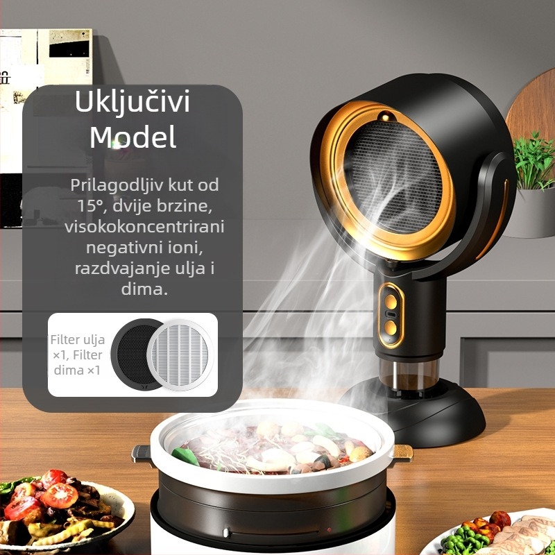 Kompaktni stolni prijenosni kuhinjski napa za kućnu upotrebu, niska buka ≤40 dB, protok ispuha 4,8 m³/min, snaga <150 W, dimenzije 21×15×35 cm.