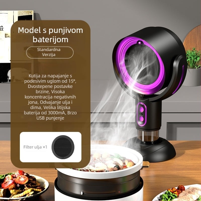 Kompaktni stolni prijenosni kuhinjski napa za kućnu upotrebu, niska buka ≤40 dB, protok ispuha 4,8 m³/min, snaga <150 W, dimenzije 21×15×35 cm.