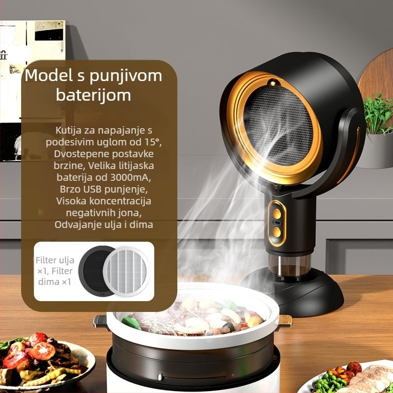 Kompaktni stolni prijenosni kuhinjski napa za kućnu upotrebu, niska buka ≤40 dB, protok ispuha 4,8 m³/min, snaga <150 W, dimenzije 21×15×35 cm.