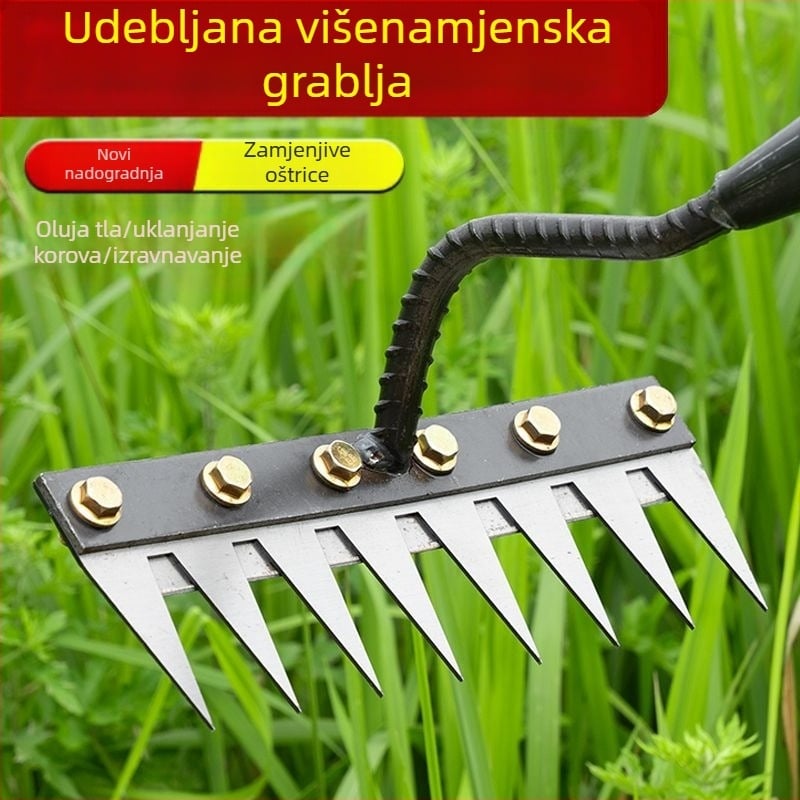 Vrtne grablje i lopata – mangan čelik, petostruka konstrukcija, višenamjenski alat, prozračivanje tla i uklanjanje korova