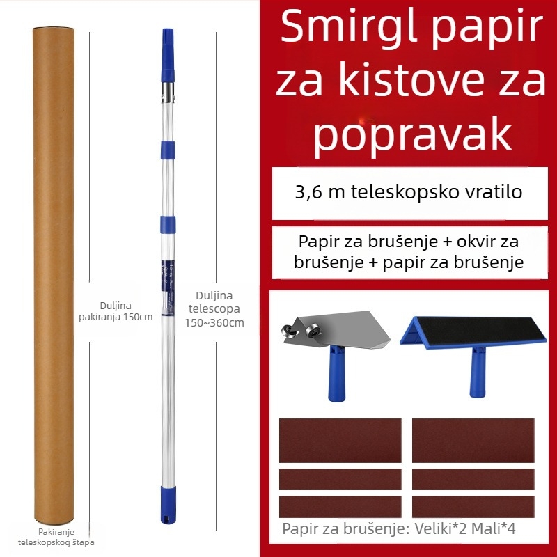 Teleskopski držač za gletanje i brušenje od aluminijskog legura, s Velcro bazom, za suho brušenje gleta na ravnim zidovima