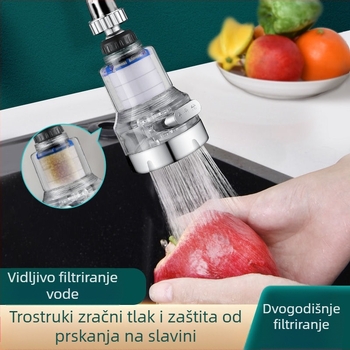 Kran s filtrima za kućnu upotrebu s trostrukim univerzalnim spojem, protiv prskanja. Materijal: ABS; Model: 22/24 mm; Površinska obrada: elektroplating; Ugradnja: zavrtanje s obratom; Radna temperatura: 0–80°C; Nazivni tlak: 1 bar.