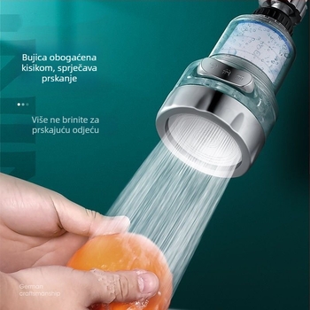 Kran s filtrima za kućnu upotrebu s trostrukim univerzalnim spojem, protiv prskanja. Materijal: ABS; Model: 22/24 mm; Površinska obrada: elektroplating; Ugradnja: zavrtanje s obratom; Radna temperatura: 0–80°C; Nazivni tlak: 1 bar.
