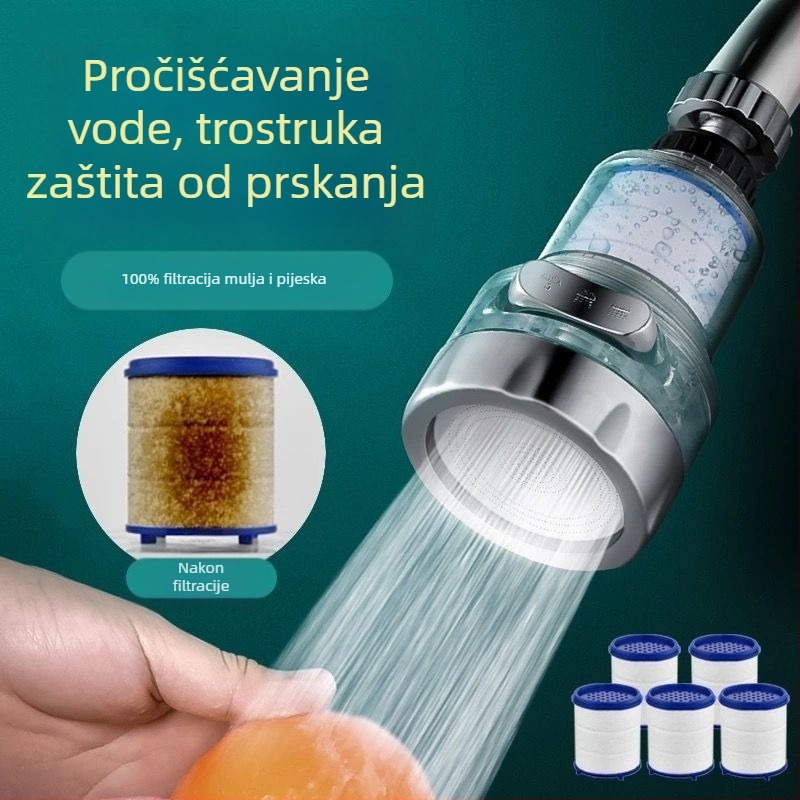 Kran s filtrima za kućnu upotrebu s trostrukim univerzalnim spojem, protiv prskanja. Materijal: ABS; Model: 22/24 mm; Površinska obrada: elektroplating; Ugradnja: zavrtanje s obratom; Radna temperatura: 0–80°C; Nazivni tlak: 1 bar.