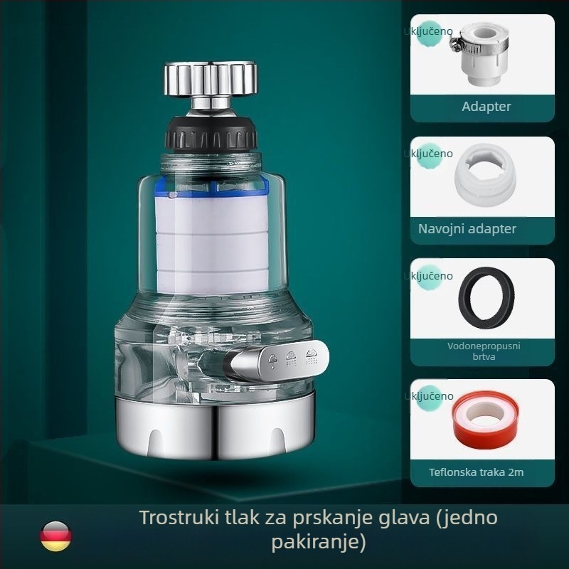 Kran s filtrima za kućnu upotrebu s trostrukim univerzalnim spojem, protiv prskanja. Materijal: ABS; Model: 22/24 mm; Površinska obrada: elektroplating; Ugradnja: zavrtanje s obratom; Radna temperatura: 0–80°C; Nazivni tlak: 1 bar.